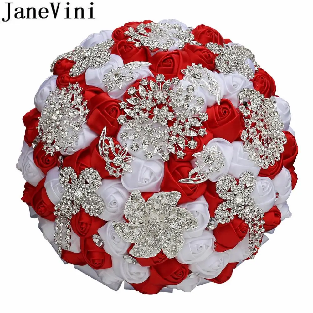 Buquê de noivas em estilo ocidental janevini, buquê de flores com strass e prata brilhante, buquê de casamento vermelho e branco personalizado, buquê de cetim