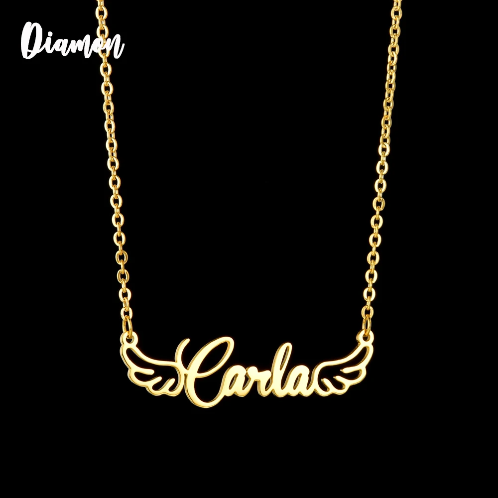 Diamon Customized Fashion Stainless Steel Name Necklace Angel Wings Choker Necklace Personalized Letter Gold Color Handmade Gift