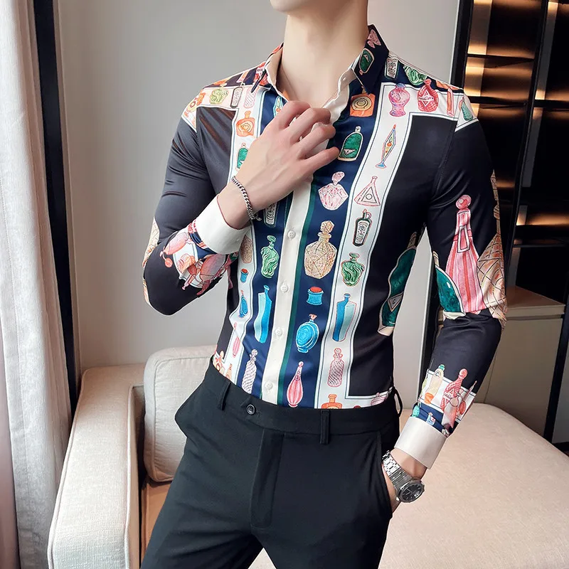 Plus Size M-6XL High Quality Printed Shirts Brand Clothing Men Designer Social Tuxedo Slim Long Sleeve Baroque Slim Party Shirt