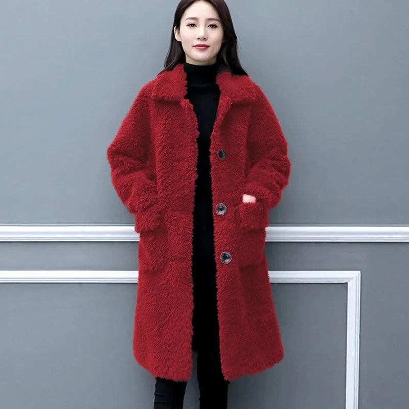 

2021 Autumn Winter Lamb Wool Coats Women Long Warm Jackets Korean Single-breasted Faux Fur Coats Fashion Lambswool Parka Outwear