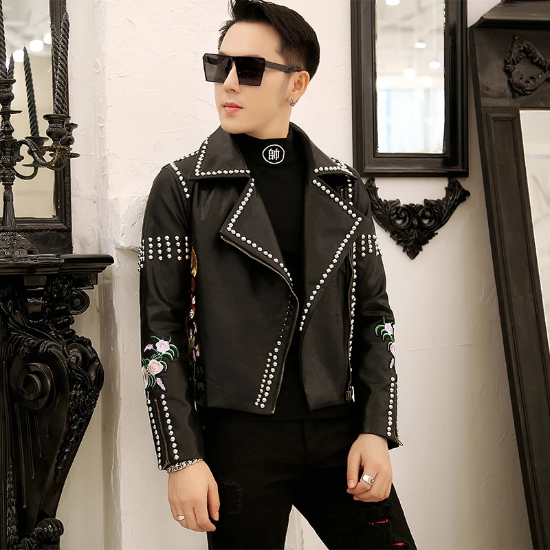 

Chaqueta De Casual Cuero Moto Rivet decoration Punk stage Leather Jackets 2020 Black Leather Jackets Mens Bomber Jackets PU Man