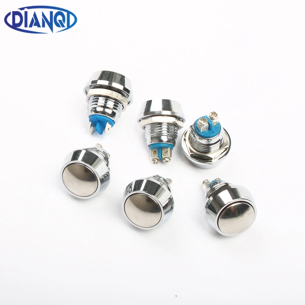 5pcs 12mm Metal Push Button Waterproof Nickel Plated Brass Domed Push Button Switch 1NO Momentary Screw Terminal 2 pins