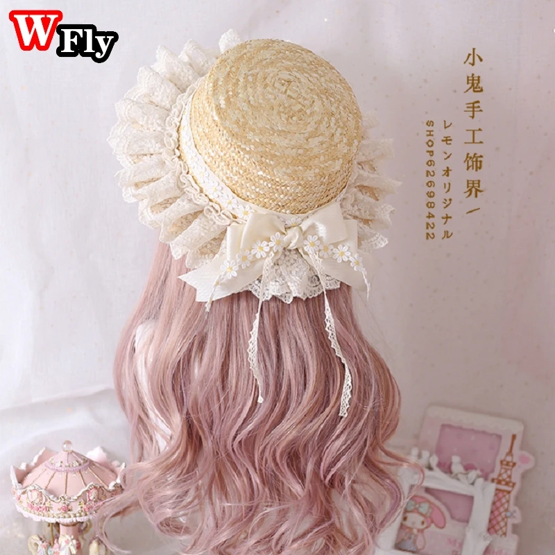 Harajuku Women Girls Summer Straw Hats Beach Sun Hat Sweet Lolita Kawaii Princess Lace Bow Straw Hat Female Handmade