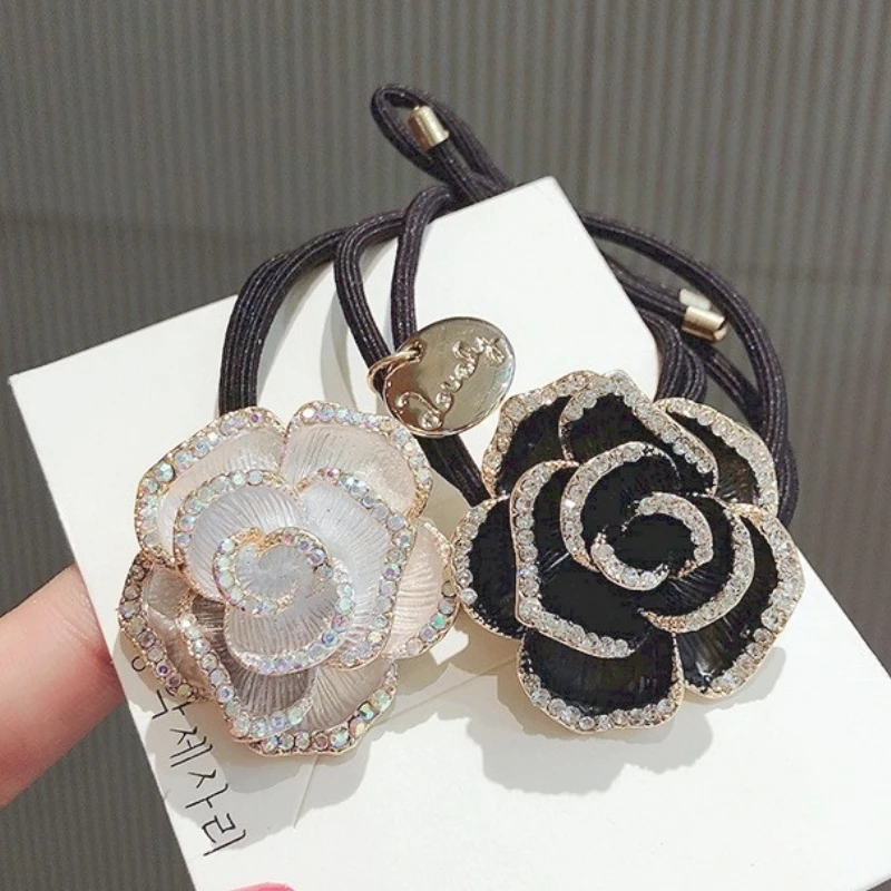 New Korean Fashion Rope Camellia Flower Hair Ring Tied Weave Rhinestone Elastic  Bands For Women Girls Headdress Accessories