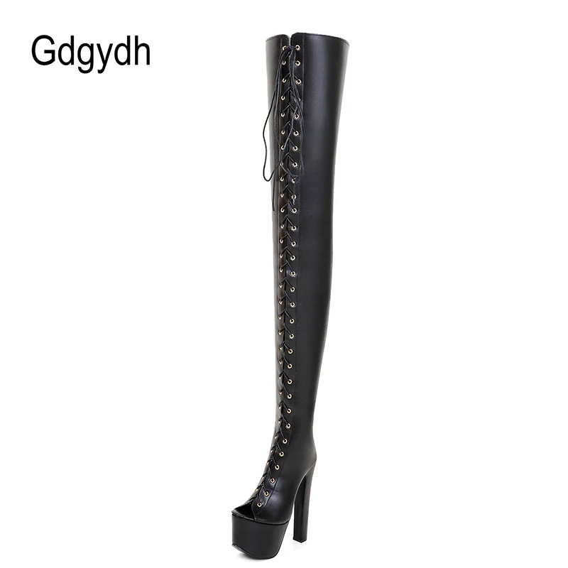 Gdgydh Thigh High Open Toe Boots Heels Sexy Lace Up Over The Knee Boots High Heels Shoes Pole Dance Plus Size Strappy Gladiator