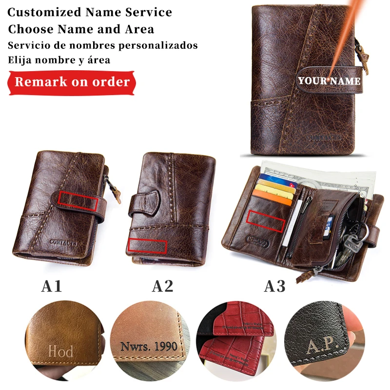 Card Holder Wallets Genuine Leather Men's Free Engraving Name Short Men Wallet With Key Holder Ring Vintage Coin Purse Zipper