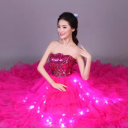 Blue Pink light up long wedding party dress New year Evening host Stage DJ show LED Tron Dance Wear dresses elegant skirts