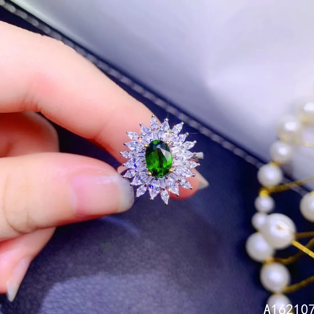 

Fine Jewelry 925 Sterling Silver Inset With Natural Gemstone Women's Classic Vintage Flower Diopside Adjustable Ring Support Det