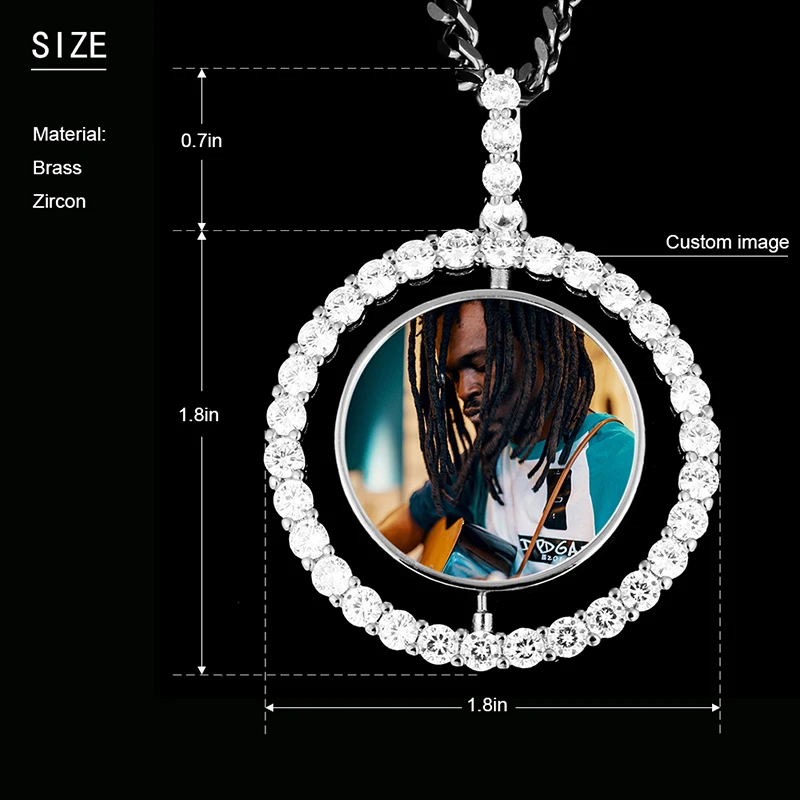 Rotating Double-Sided Photo Memory Medallions Custom Photo Pendant Necklace Men Hip Hop Jewelry Iced Out Zircon Pendant Custom