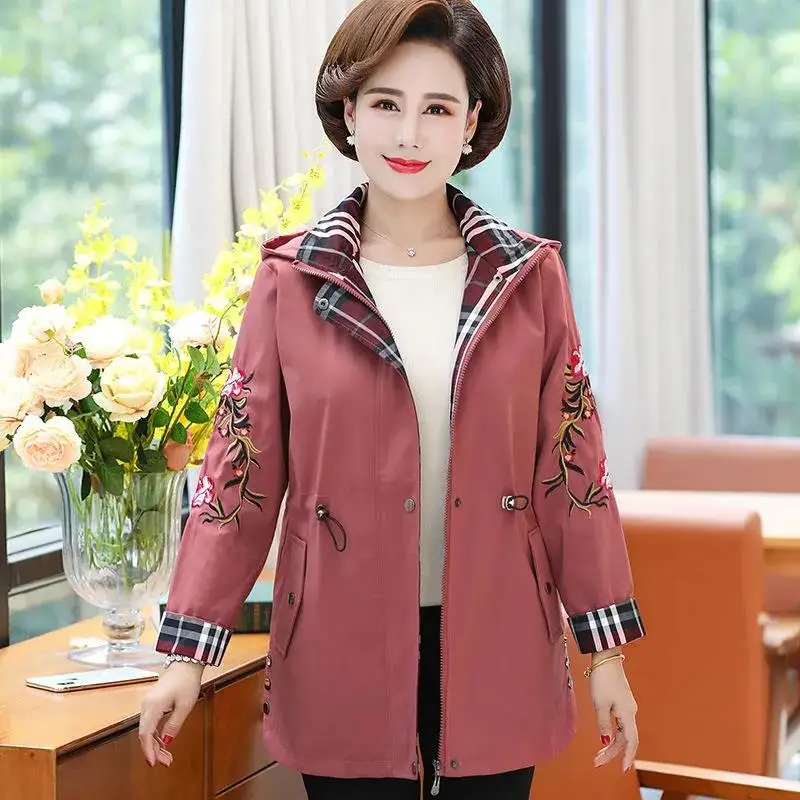 Windbreaker Women Mid-Length Embroidery Jacket 2022 New Loose 5XL Spring Autumn Coat Female Fashion Khaki Hooded Jackets