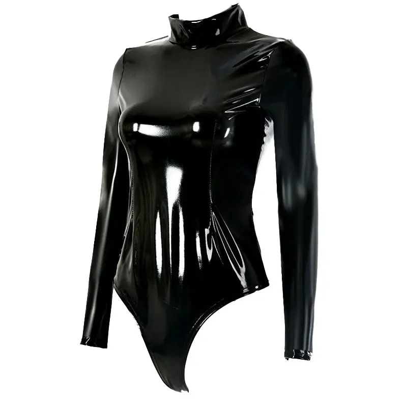 Sexy Women PVC Shiny High Cut Bodysuit Bandage One Piece Dance Wear Long Sleeve Latex Sexy Tight Matt Catsuit F75