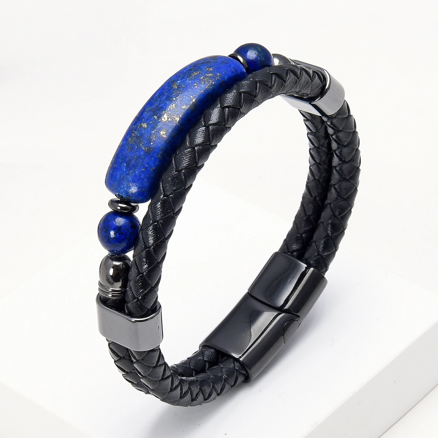 High Quality Natural Stone Man Bracelet Black Leather Rope Chain Men Stainless Steel Clasp Tiger Eyes Bracelets Handmade Jewelry