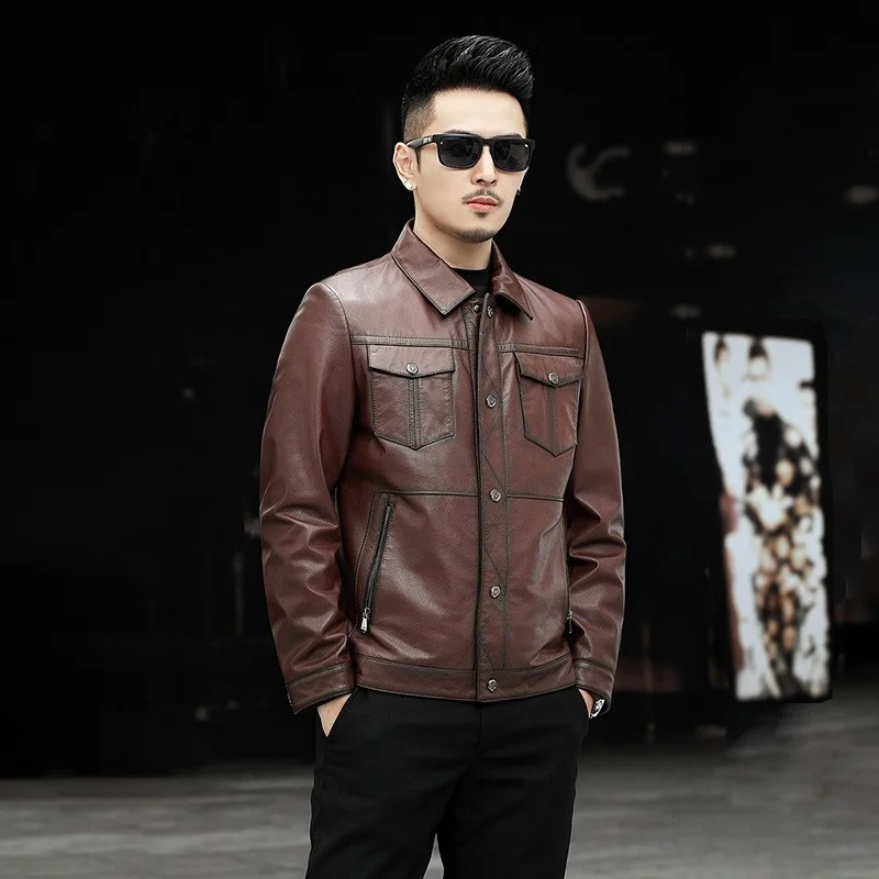 New 2022 Mens Short Slim Turn-Down Collar Biker Jacket Single Breasted Fashion Solid High Street Vintage Casual Outerwear