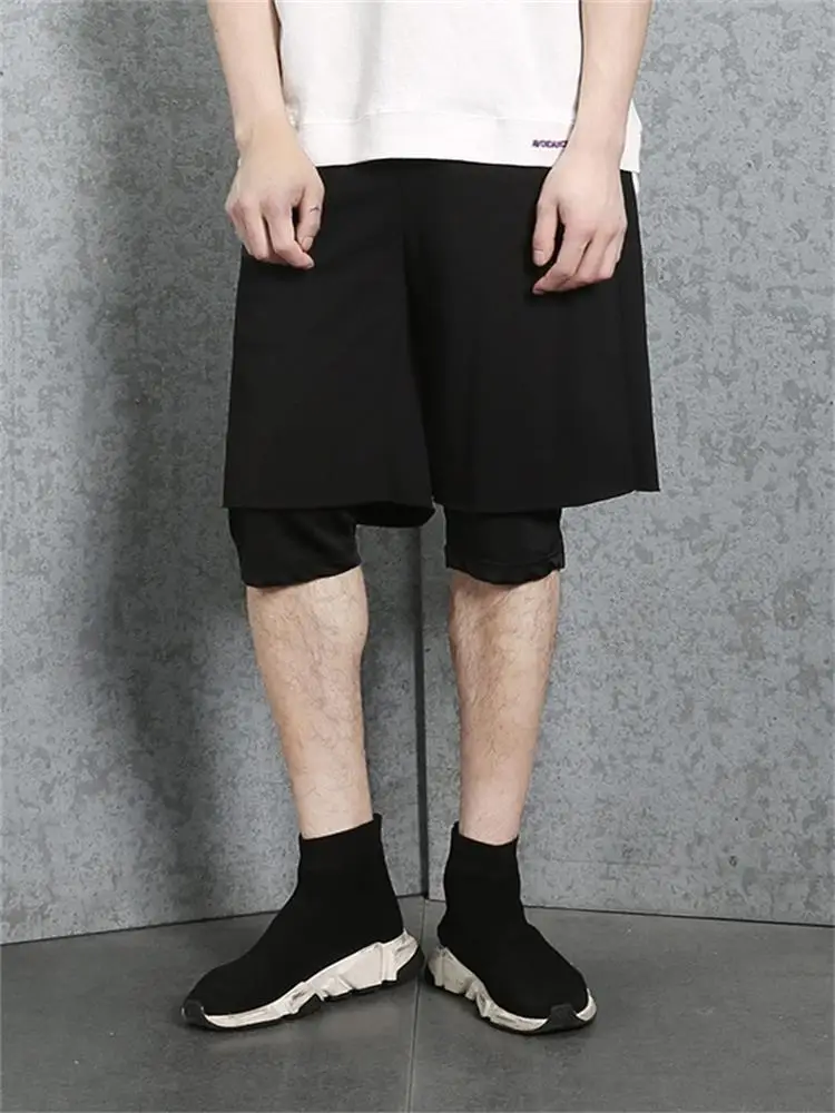 Hong Kong style shorts male fake two-piece five-point pants trendy loose hip-hop pants male sports five-point pants