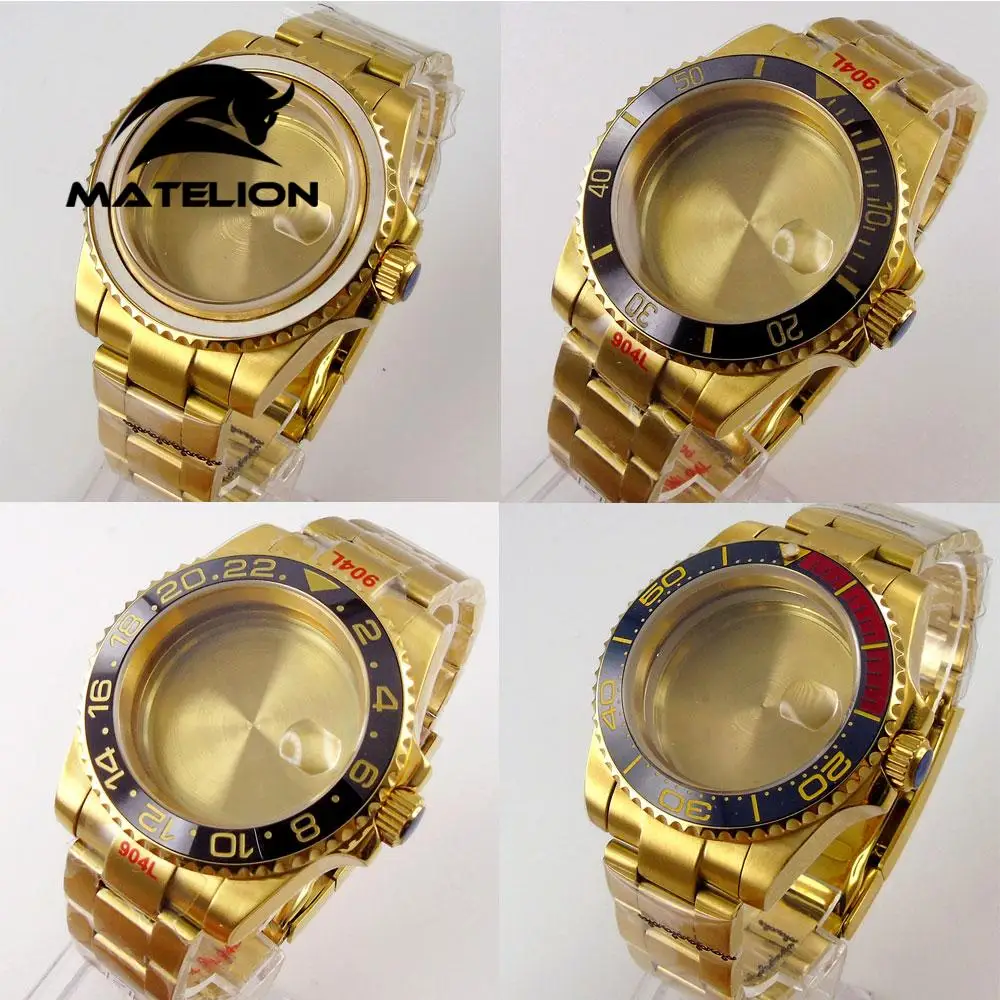 

40mm Gold Plated Sapphire Watch Case+ Bracelet Fit For Oyster NH35 Miyota 8215 821A ETA eta 2836 Movement Date Cyclops