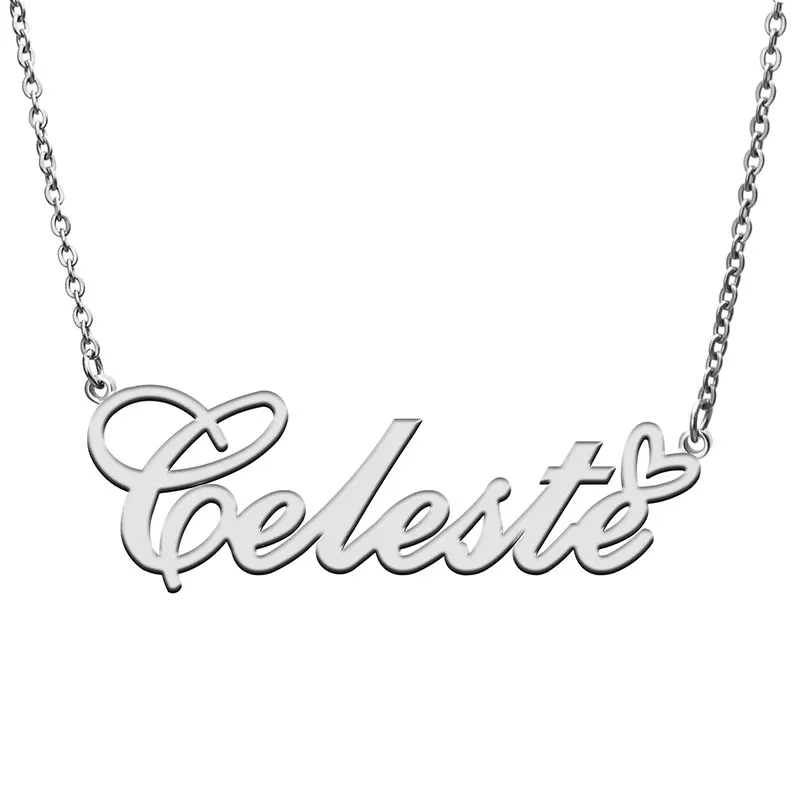 Celeste with Love Heart Name Necklace for Women Stainless Steel Jewelry Nameplate Pendant Femme Mother Child Girls Gift