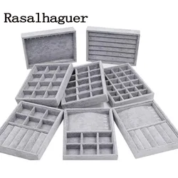 Caja de joyería artesanal hecha a mano, cajón organizador de almacenamiento de terciopelo suave gris, bandeja para pendientes, collar, colgante, pulsera, 9 opciones