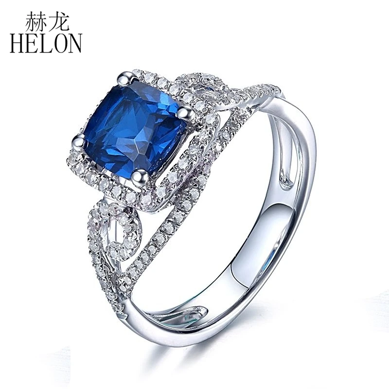 

HELON Solid 10K White Gold 7mm Cushion Genuine Artificial Sapphire & Natural Diamonds Engagement Wedding Women Jewelry Ring