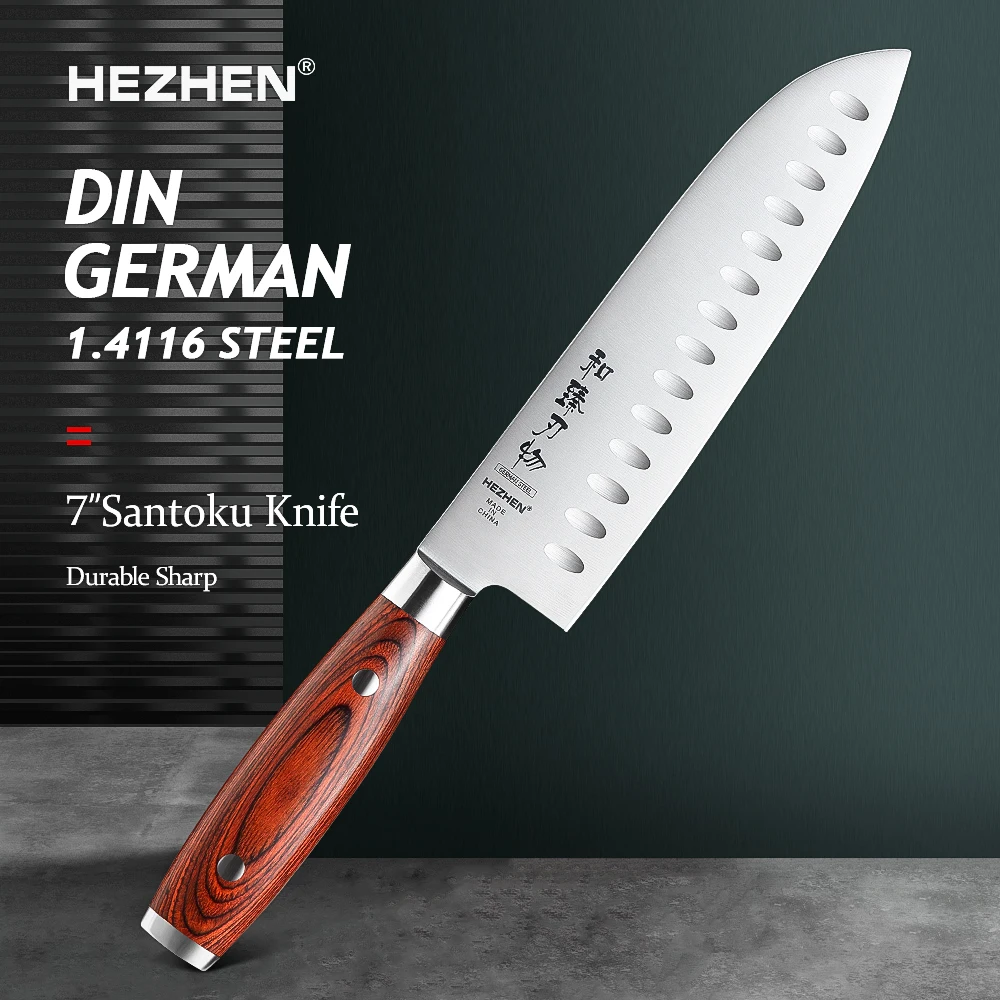 

HEZHEN 7 Inches Santoku Knives Professional German DIN1.4116 Steel Pakka Wood Handle Stainless Steel Rivet Beautiful Gift Box