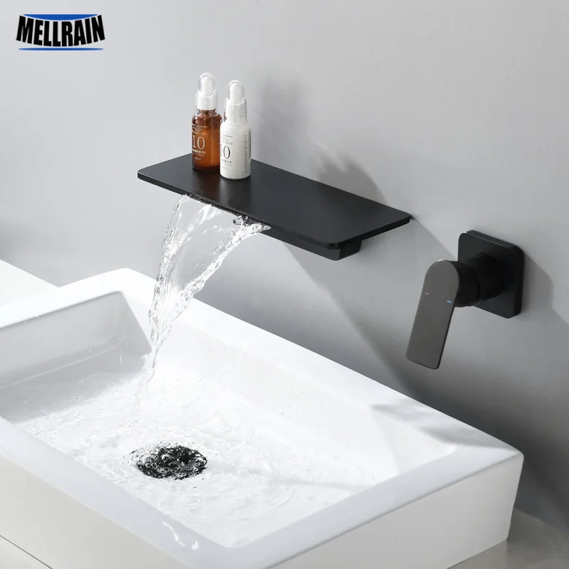 

Waterfall Faucet Matte Black Wall Mounted Bathroom Bathtub Faucet Large Shelf Platform Basin Water Mixer Quality Tap