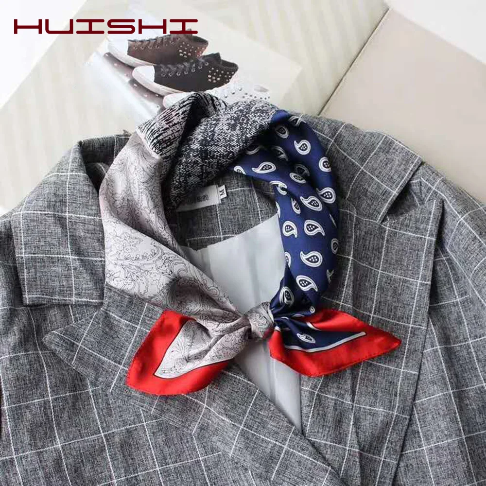 HUISHI Small Scarf Fashion Kerchief Women Head Scarf For Hair Grey Red Black Blue Silk Neck Scarves Female 53cm Square Bandanas