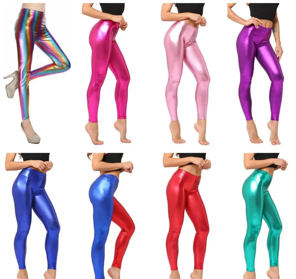 Legging Metalik Lateks Ukuran Plus Legging Wanita Legging Kulit Imitasi Warna Permen