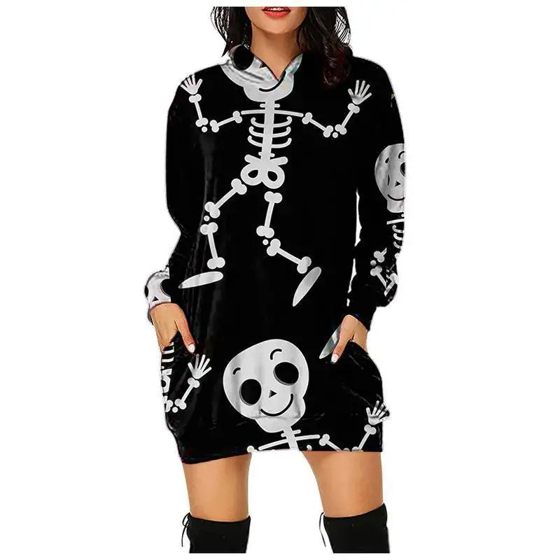 

Halloween 3d Pumpkin Cat Print Hoodie Dress Women Autumn Long Sleeve Halloween Clothing Pullover Drawstring Party Dress