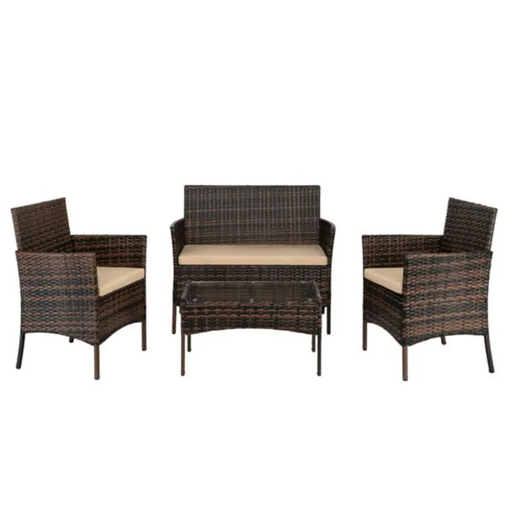 YF-Outdoor 2pcs Arm Chairs 1pc Love Seat & Tempered Glass Coffee Table Rattan Sofa Set Brown Gradient