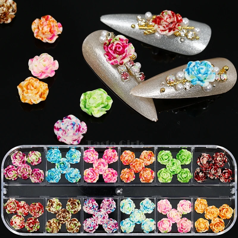 1 BOX 48/60/72PCS 3D White Rose Colorful Dyeing Petal Flowers Arylic Nail Art Rhinestone Decorations Manicure DIY Tips