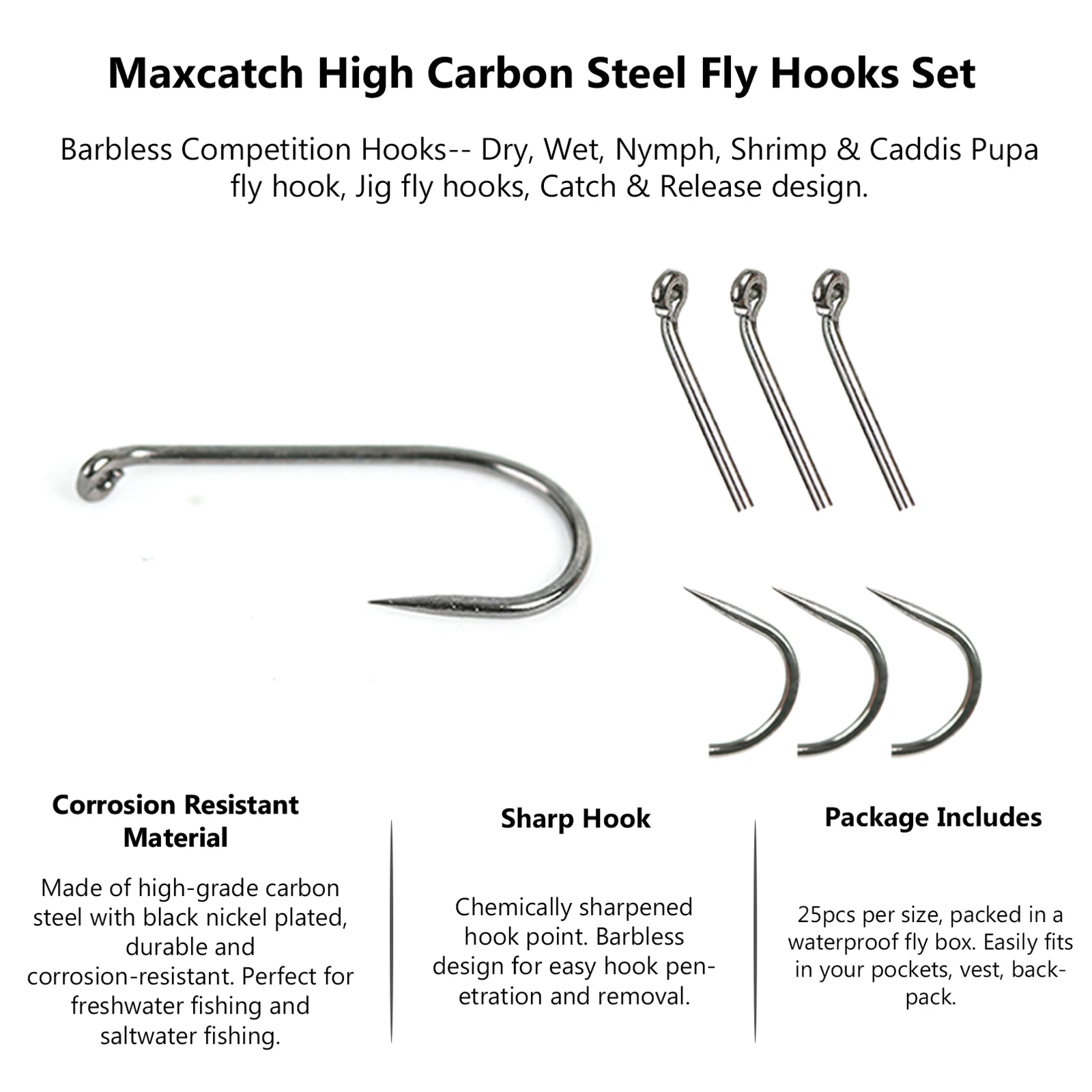 Maximumcatch 125pcs 6#8#10#12#14#16#18# Fish-Friendly Barbless Fly Tying Hooks Set Nymph Jig Forged Black Nickle Fishing Hooks image 3