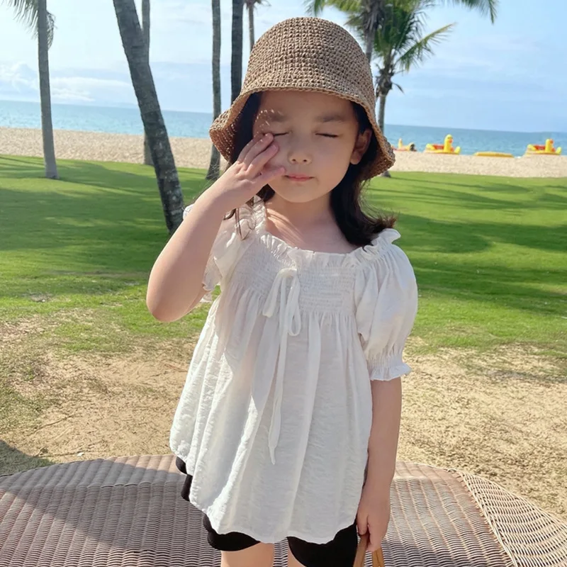 

Girls Puff Sleeve Casual T-shirt Kids Tops Tee Summer Solid Cotton Top Blouse Princess Beach Party Holiday Outfits Shirts