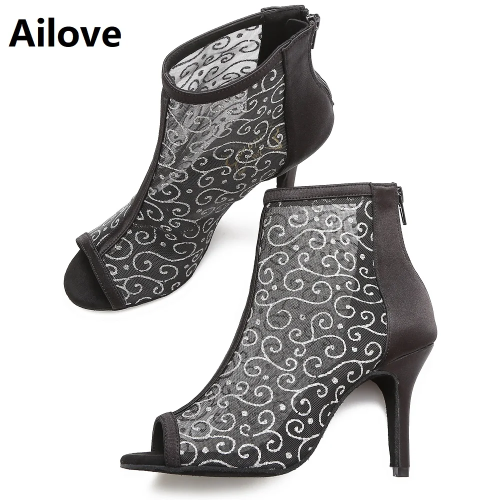 Ailove Women`s Social Ballroom Latin Salsa Dance Boots Print Air-mesh Party Dancing Shoes with Black Satin Back Heel Sandal S057