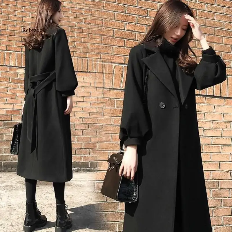 

Women Elegant 4XL Wool Overcoat Long Bandage Woolen Coat Cardigan Loose Long Woolen Coat Female Black Winter Coats