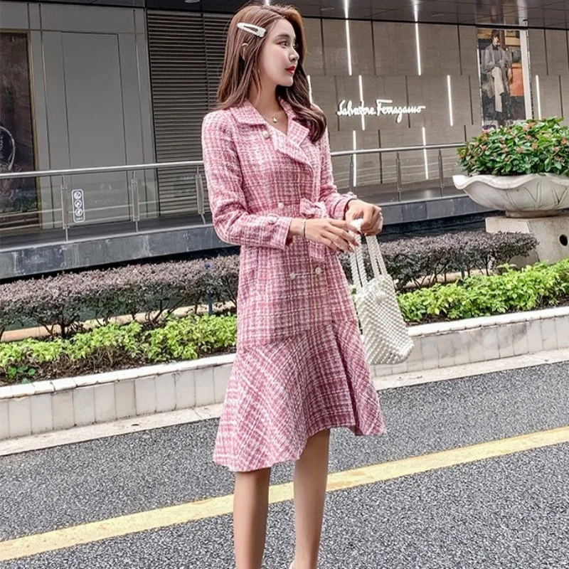 

Warm Elegant Tweed Dresses Women Slim Double Breasted Ruffle Medium Long Jacket Autumn Winter Sashes Office Lady Outwear Dress