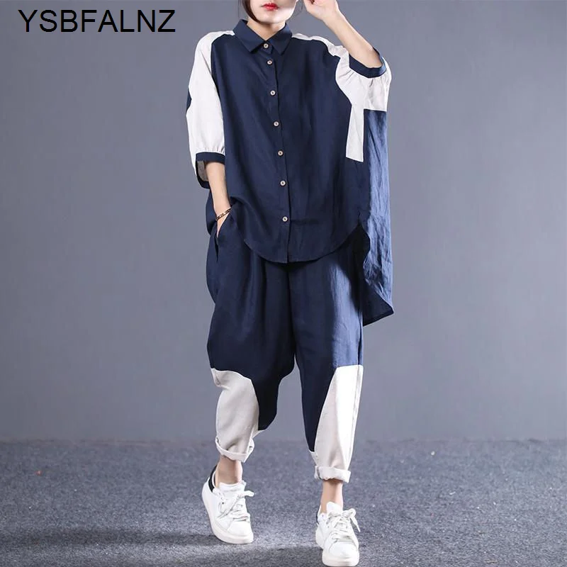 Spring Summer Pants Suit Korean Loose Matching Cotton Linen Asymmetric Shirt Leisure Two Piece Set Tracksuit Womens Half Sleeve