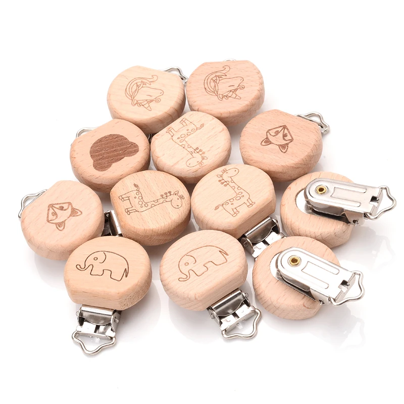 50Pcs/Lot Animal Pattern Natural Beech Handmade Wooden Pacifier Clips For DIY Baby Pacifier Chain Accesories Wholesale