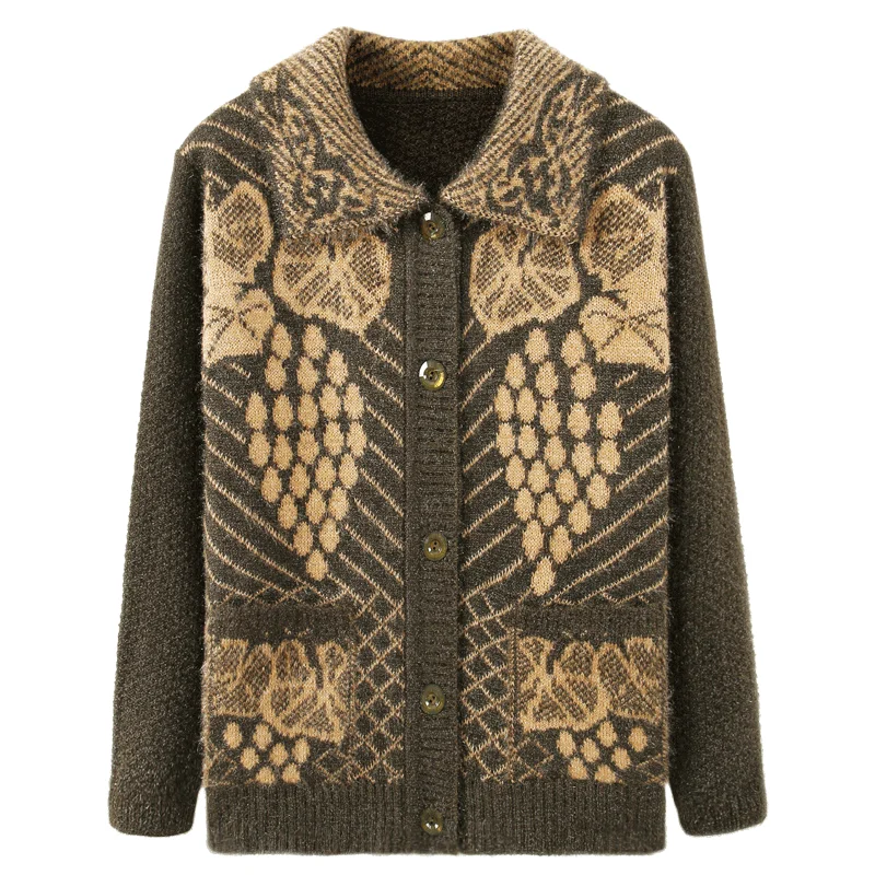 Damski sweter rozpinany z dzianiny dla kobiet w średnim wieku, kurtka, długi rękaw, jednorzędowy, gruby, z nadrukiem, topy A320