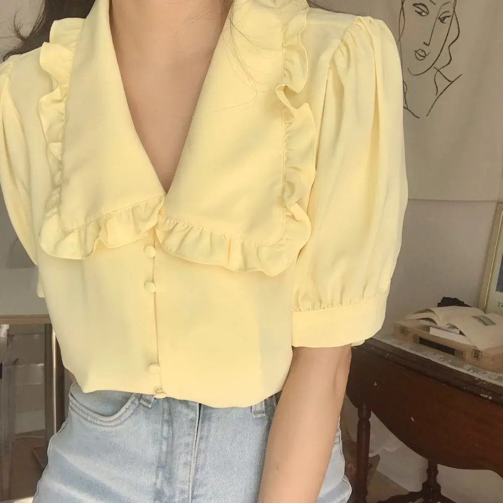 Korea Style Women Summer Yellow Sweet Chiffon Blouse Ruffle Peter Pan Collar Half Sleeve Shirt Casual Cardigan Top