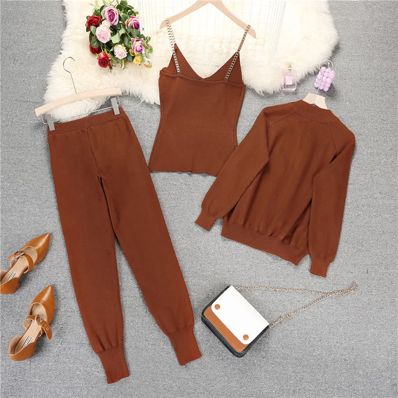 Amolapha Women 2024 Autumn Winter Knitted Cardigans + Camisole + Pants 3pcs Sets Knitting Coat+ Vest+Trousers Tracksuits Outfits