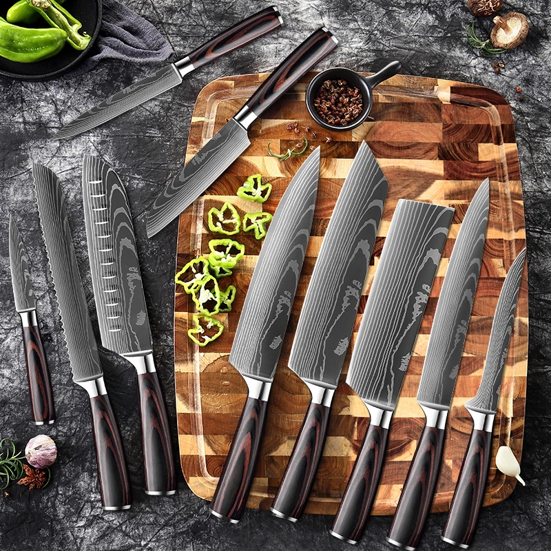 XITUO Chef knife 1-10Pcs Kitchen Knives Set Laser Damascus Pattern Ultra-Sharp Santoku Knife Cleaver Slicing Utility Fruit Knife