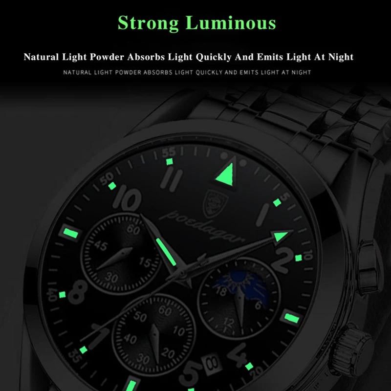 POEDAGAR-Reloj de pulsera de acero inoxidable para hombre, accesorio Masculino de lujo, de cuarzo, luminoso, resistente al agua