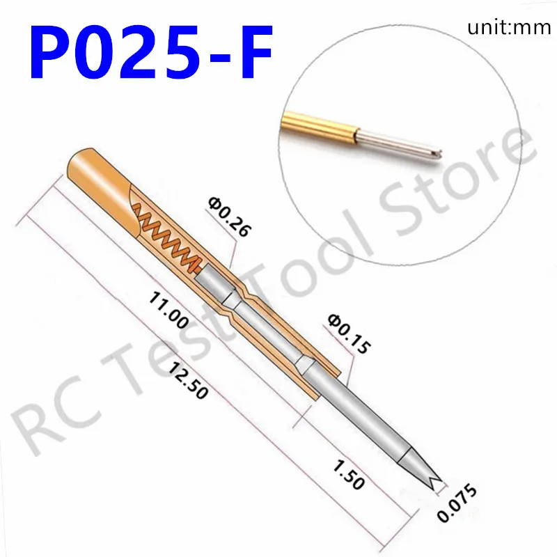 

100PCS Spring Test Probe P025-F Durable Brass Metal Spring Test Probe P025-F1 Dia 0.26mm Length 12.50mm Pogo Pin