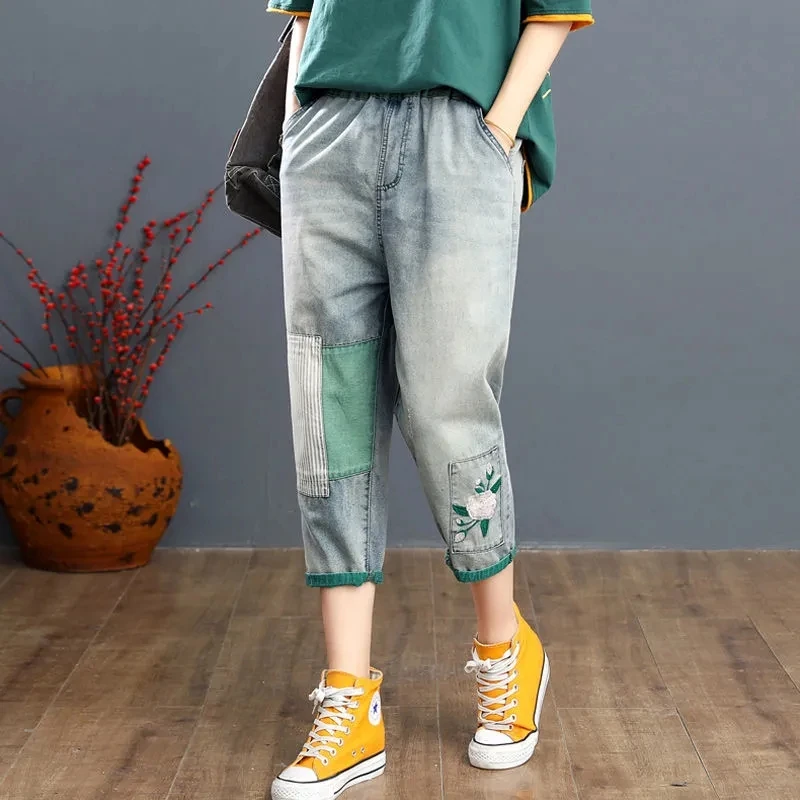 Women Jeans 2023 Summer High Waist Patch Denim Cropped Pants Female New Elastic Waist Embroidered Color Matching Harem Pants A67