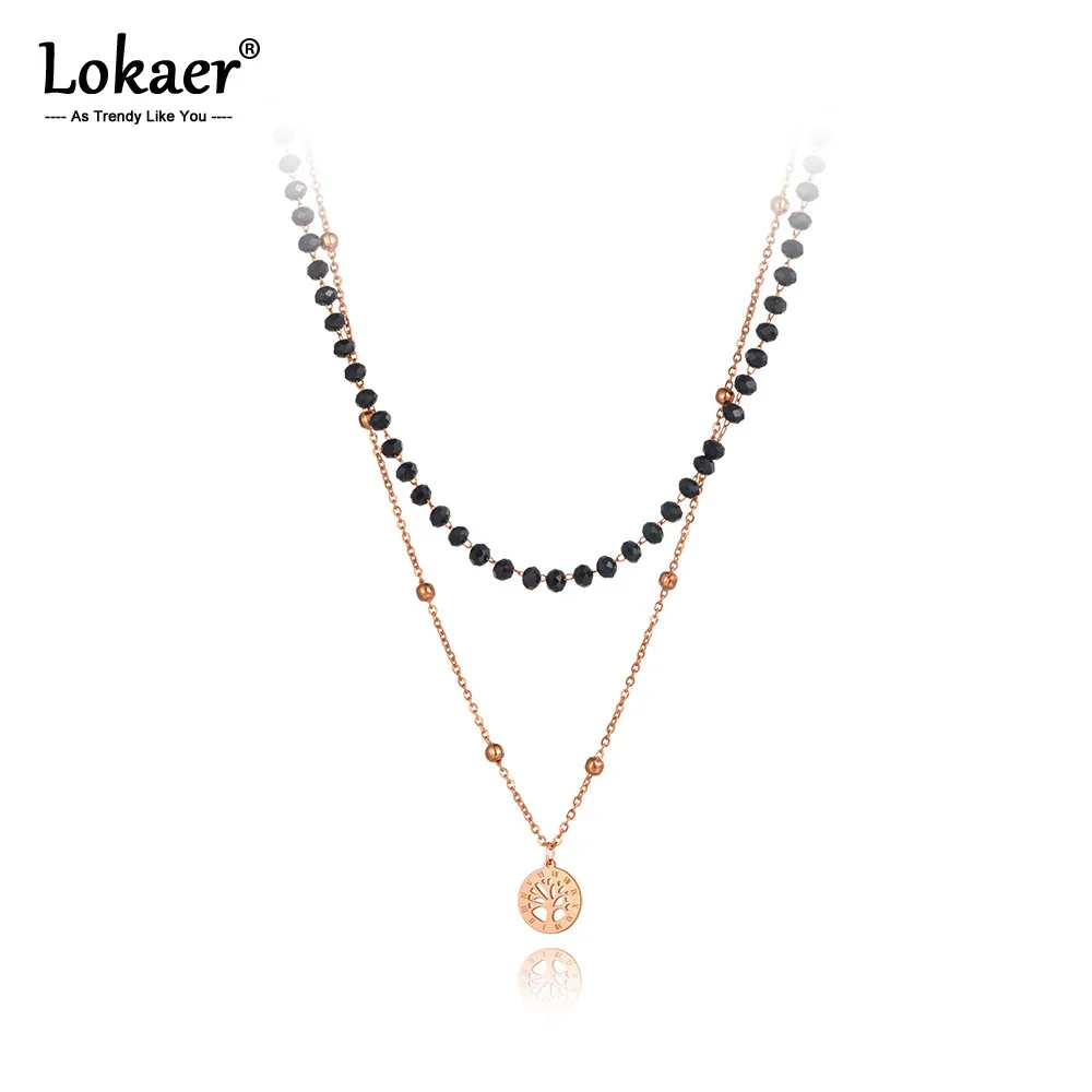 Lokaer Titanium Stainless Steel Black Crystal Tree Charm Pendant Necklaces Bohemia Double Layer Chain Necklace For Women N20298