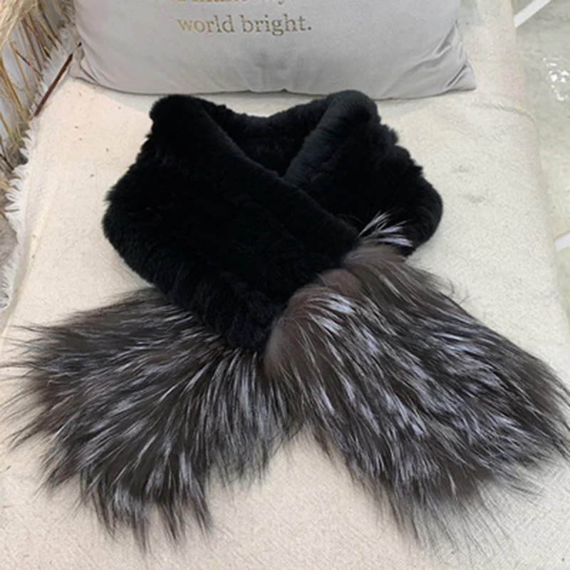 Women Autumn Winter Rex Rabbit Fur Knitting With Silver Fox Fur Collar Fur Scarf Warm Double-sided Scarf