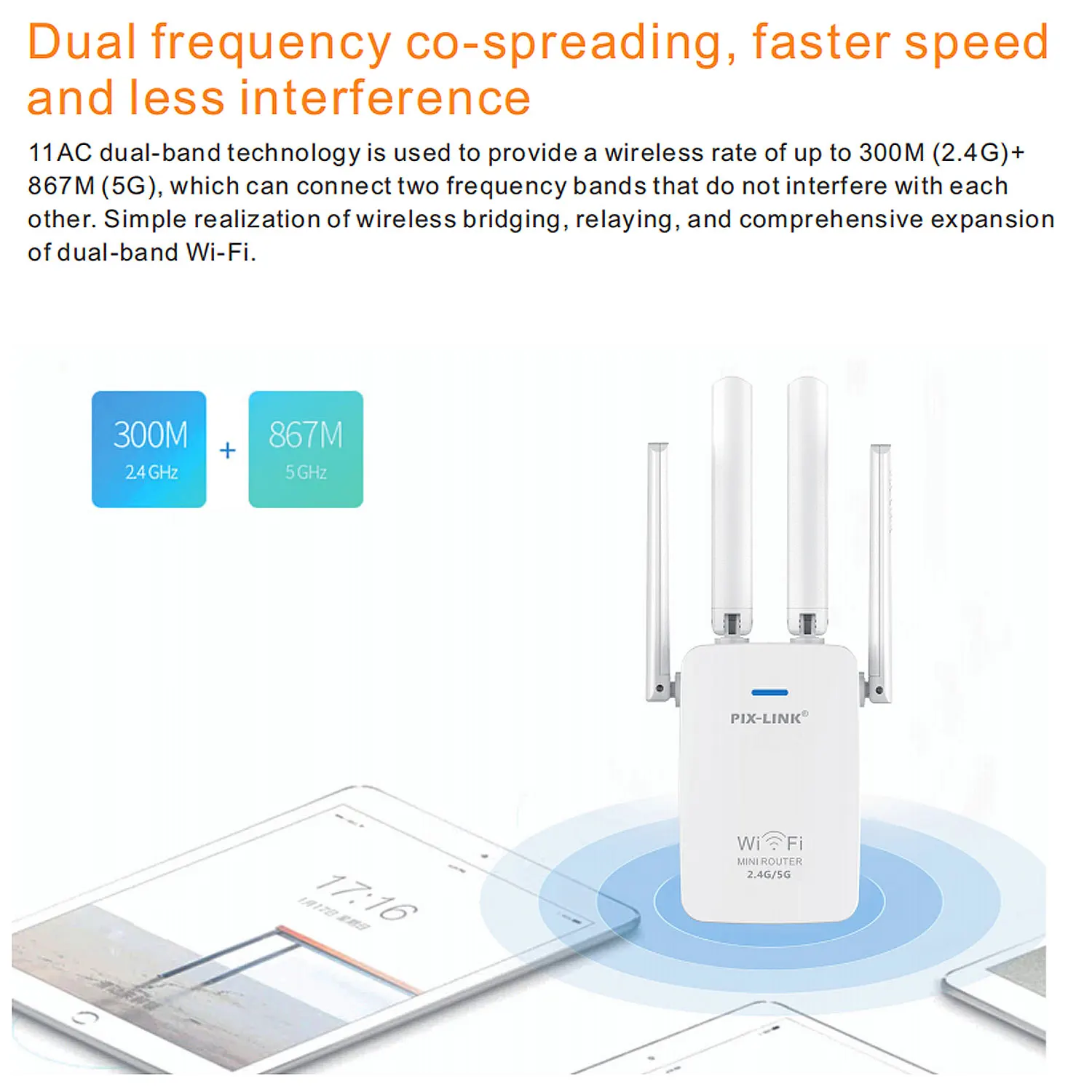 Pixlink extensor de longa distância 802.11ac repetidor wi fi sem fio impulsionador 2.4g/5ghz wi-fi amplificador 1200m roteador wi-fi