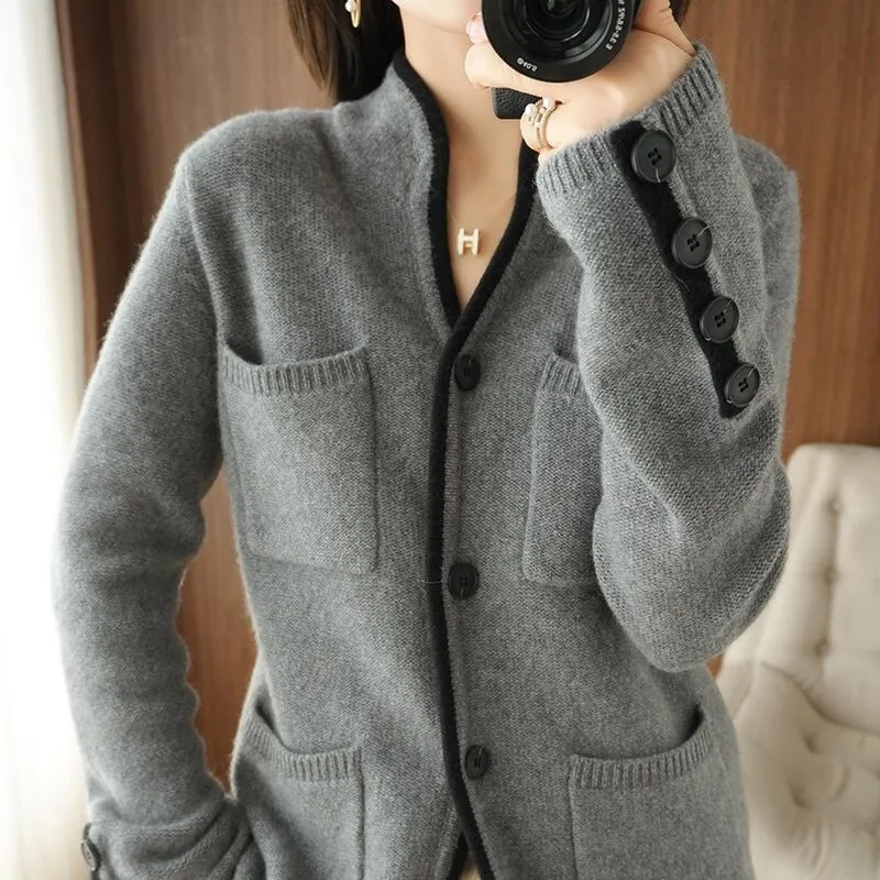 Autumn Winter Wool Cashmere Sweater Women\'s Stand-up Collar Cardigan Sweater Patchwork Button Warm Knitted Coat Women Tops