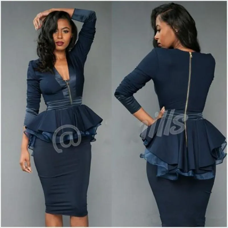 

aso ebi Sheath Knee Length Cocktail evening Dresses Peplum Ruffles V Neck Zipper Long Sleeves Navy Blue Prom party Gowns