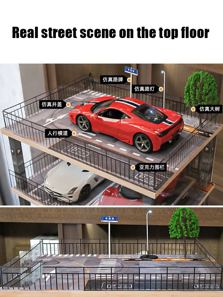 Car Building Miniature Parking Lot 1 18 Car Model Diorama Led Light Street View Acrylic Garage Dustproof Display Box Car Model C