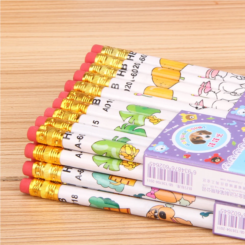 100Pcs/lot Cartoon Wooden Pencil Student HB Pencil with Eraser Children's Drawing Pencil School Writing Stationery